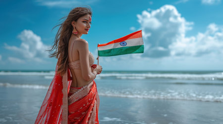 Brunette girl in red saree with India flag on the beachの素材