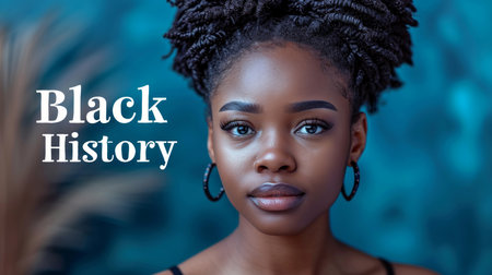 Beautiful african american woman with black dreadlocks on blue backgroundの素材