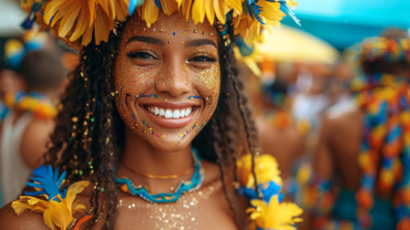Portrait of smiling african american woman in carnival costumeの素材