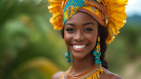 Portrait of a beautiful african woman with headscarf smilingの素材