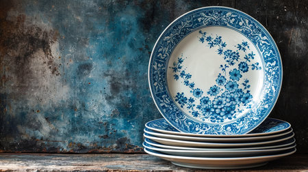Vintage blue and white plates and crockery on rustic wooden backgroundの素材