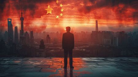 Businessman looking at the city at sunset. 3D Renderingの素材