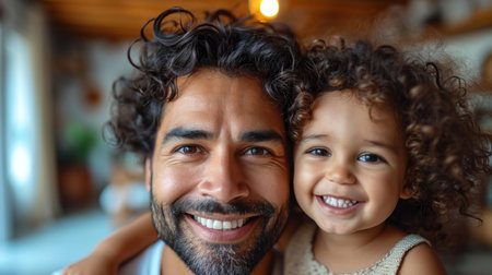 Portrait of happy father and daughter smiling at camera in the kitchenの素材