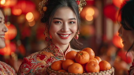 Portrait of a beautiful asian woman in traditional costume holding tangerinesの素材