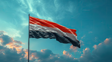 Netherlands flag waving in the wind against blue sky with cloudsの素材