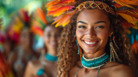 Portrait of beautiful african american woman in native costume smilingの素材