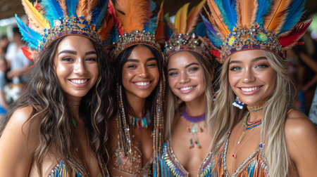 Group of young women wearing native american headdress at the festivalの素材