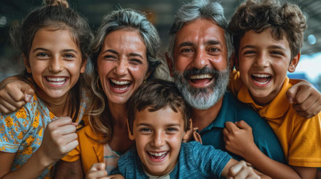 Portrait of happy family looking at camera while standing together at homeの素材