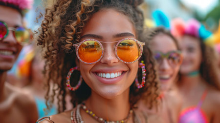 Closeup portrait of smiling african american young woman with afro hairstyle and sunglasses in front of her friends at the festivalの素材