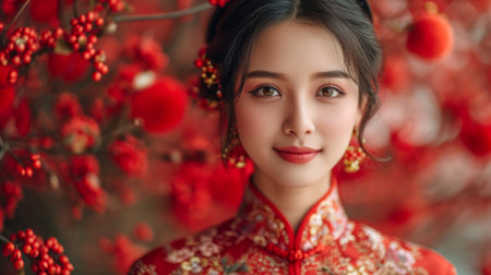 beautiful asian woman in traditional cheongsam dress with red flowersの素材
