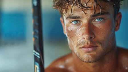 Close up portrait of a young man with wet face in a gymの素材