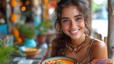 Portrait of a young woman eating soup in a street restaurant.の素材