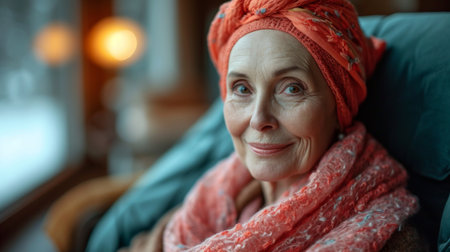 Portrait of a senior woman in a red headscarf.の素材