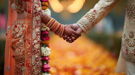 Hands of bride and groom in traditional indian wedding dress.の素材