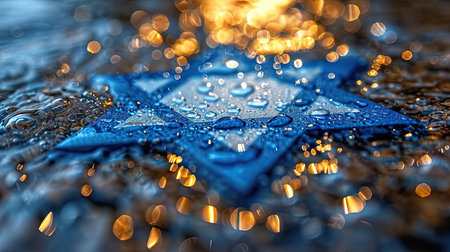 Star of David with water drops. Selective focus. Shallow depth of field.の素材
