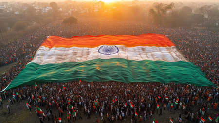 Large crowd of people holding Indian flag in Kathmandu circa October 2013 in Kathmandu.の素材