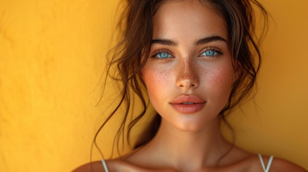 Close up portrait of beautiful young woman with blue eyes looking at cameraの素材
