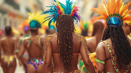 Rear view of a group of brazilian dancers at the annual carnival parade.の素材