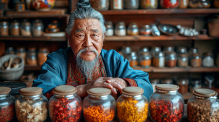 Old man with long gray hair and beard in traditional turkish clothes sitting in front of glass jars with different kinds of spices.の素材