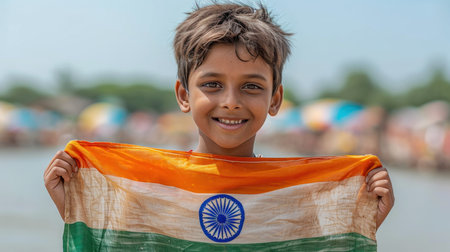 Indian boy holding a flag of India in front of his face.の素材