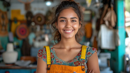 Portrait of a young woman in apron smiling at camera.の素材