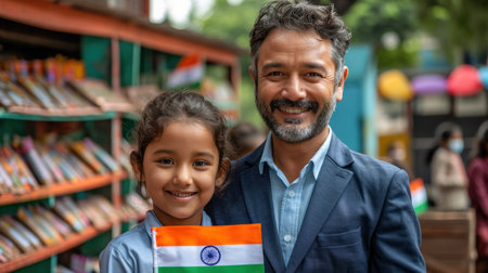 indian father and son with indian flag in front of book shopの素材