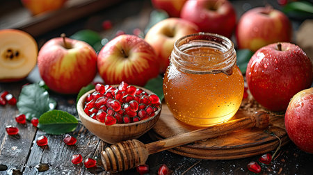 Honey in a glass jar and fresh apples on a wooden tableの素材