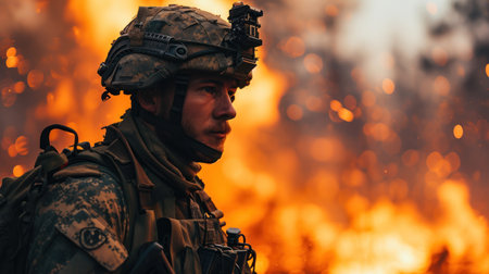 Portrait of a special forces soldier in a military uniform on a background of fireの素材