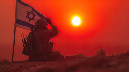 Soldier in the desert at sunset with the flag of Israel.の素材