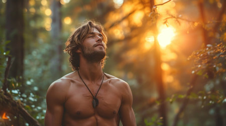 Handsome young man with sexy muscular body and bare chest in autumn forest.の素材