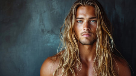 Portrait of a handsome shirtless man with long blond hair.の素材