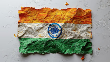 Flag of India painted on crumpled paper on a white backgroundの素材