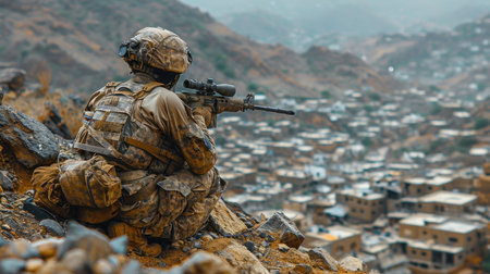 Soldier in the mountains. View from the top of the mountain.の素材