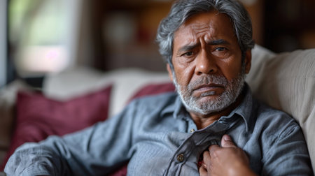 Portrait of senior Asian man sitting on sofa in living room at homeの素材