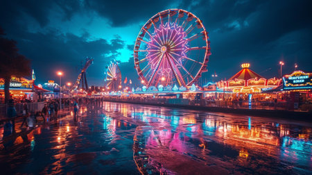 Amusement park at night with reflection in the water. Long exposureの素材