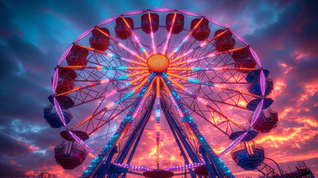 Colorful ferris wheel in amusement park at sunset, close-upの素材