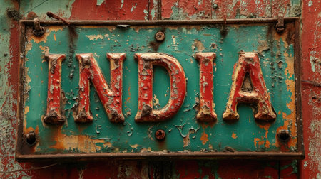 Vintage letterpress type on an old rusty door with the word Indiaの素材