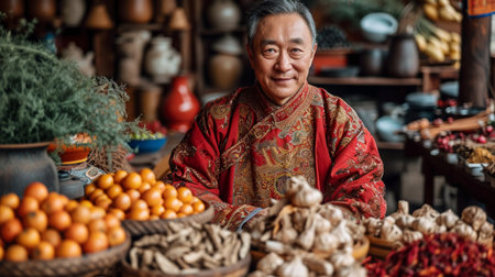 Portrait of an elderly man selling fruits in a market in Chinaの素材