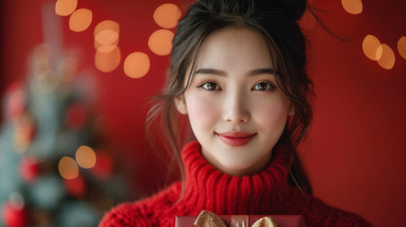 Beautiful asian woman in red sweater with christmas gift boxの素材