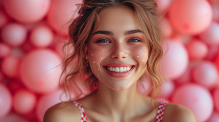Close up portrait of beautiful young woman with perfect skin and pink lips.の素材