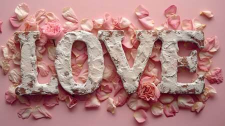 Word LOVE on a pink background with rose petals. Valentine's Day.の素材