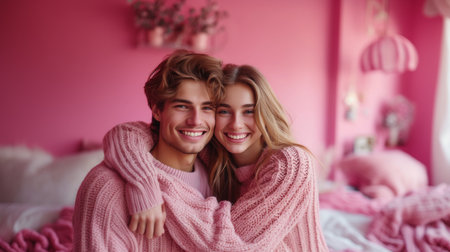 Young couple in pink sweaters sitting on the bed in the bedroomの素材