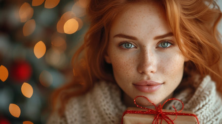 Close up portrait of beautiful young ginger woman with gift box on Christmas backgroundの素材