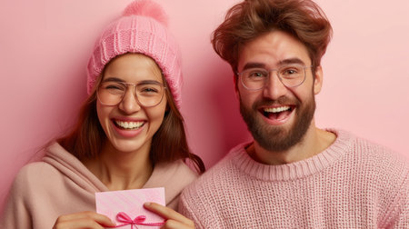 Happy young couple in pink sweaters and hats holding gift box and smiling at cameraの素材