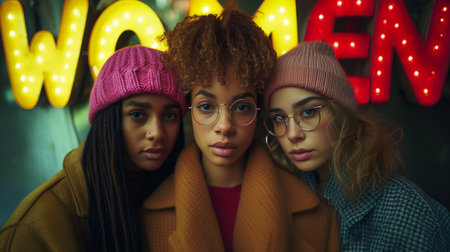 Three african american girls in hats, coat and eyeglasses looking at camera, against women light sign.の素材