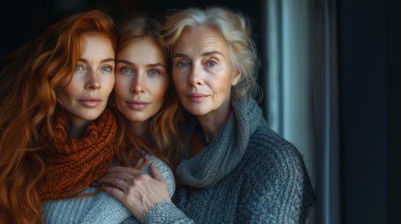Portrait of three beautiful women in sweaters and scarves looking at cameraの素材