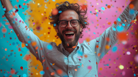 Happy young man celebrating against colored background with confetti.の素材