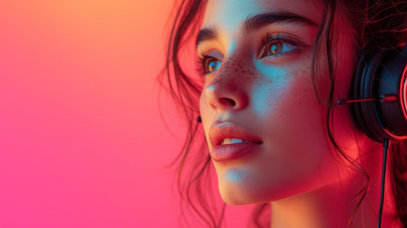 Close-up portrait of beautiful young woman with headphones listening to music.の素材