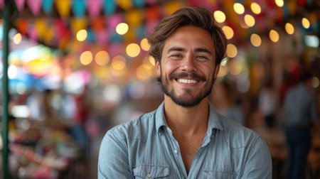 Portrait of handsome young man smiling at camera while standing in cafeの素材
