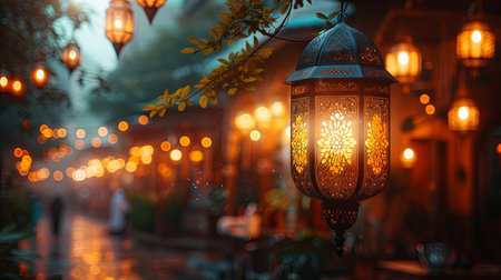 Hanging lanterns in the street at night, Ramadan Kareemの素材